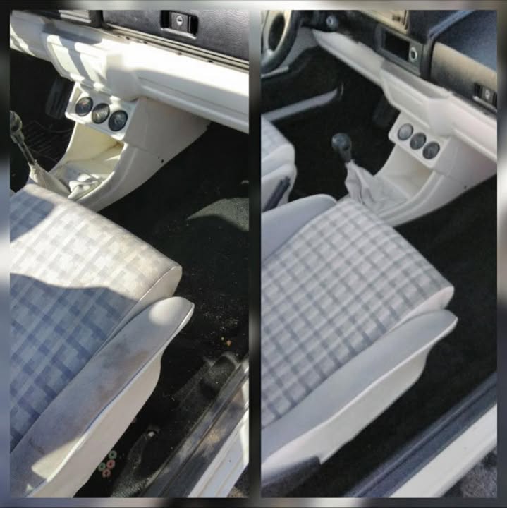 Two views of a cloth-seat car interior from the business’s Facebook page